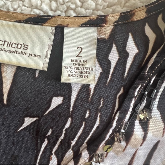 Chico’s 30 year beaded animal print silky poly tunic top 2 12 14 B: 46” lovely! - Picture 9 of 11